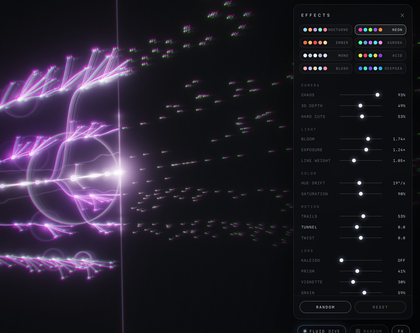 The FX panel with palettes and sliders open in the app